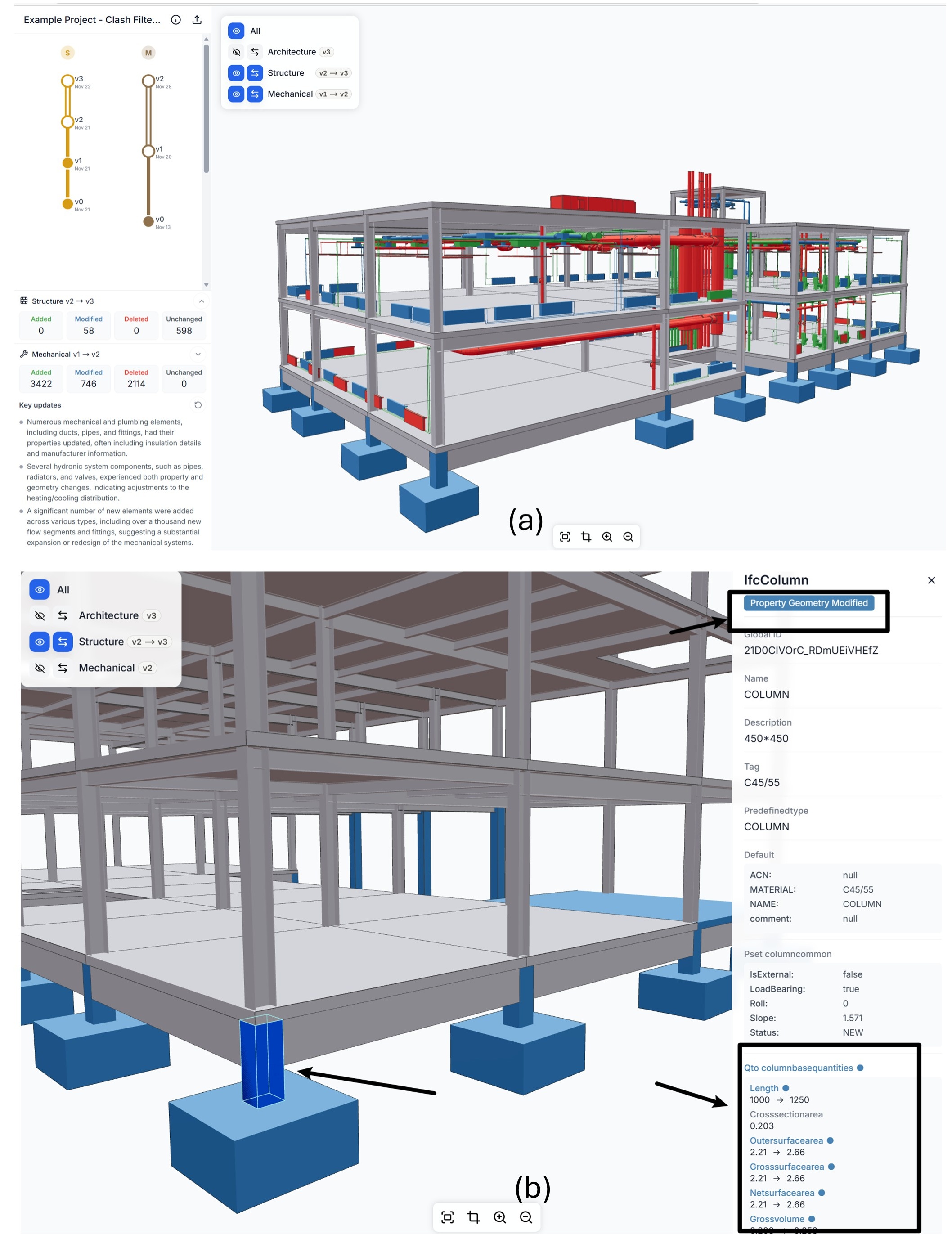 Multi-disciplinary version control showing version trees and color-coded object changes