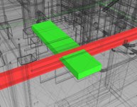 3D BIM model showing clash detection with highlighted conflicts in red and green structural elements